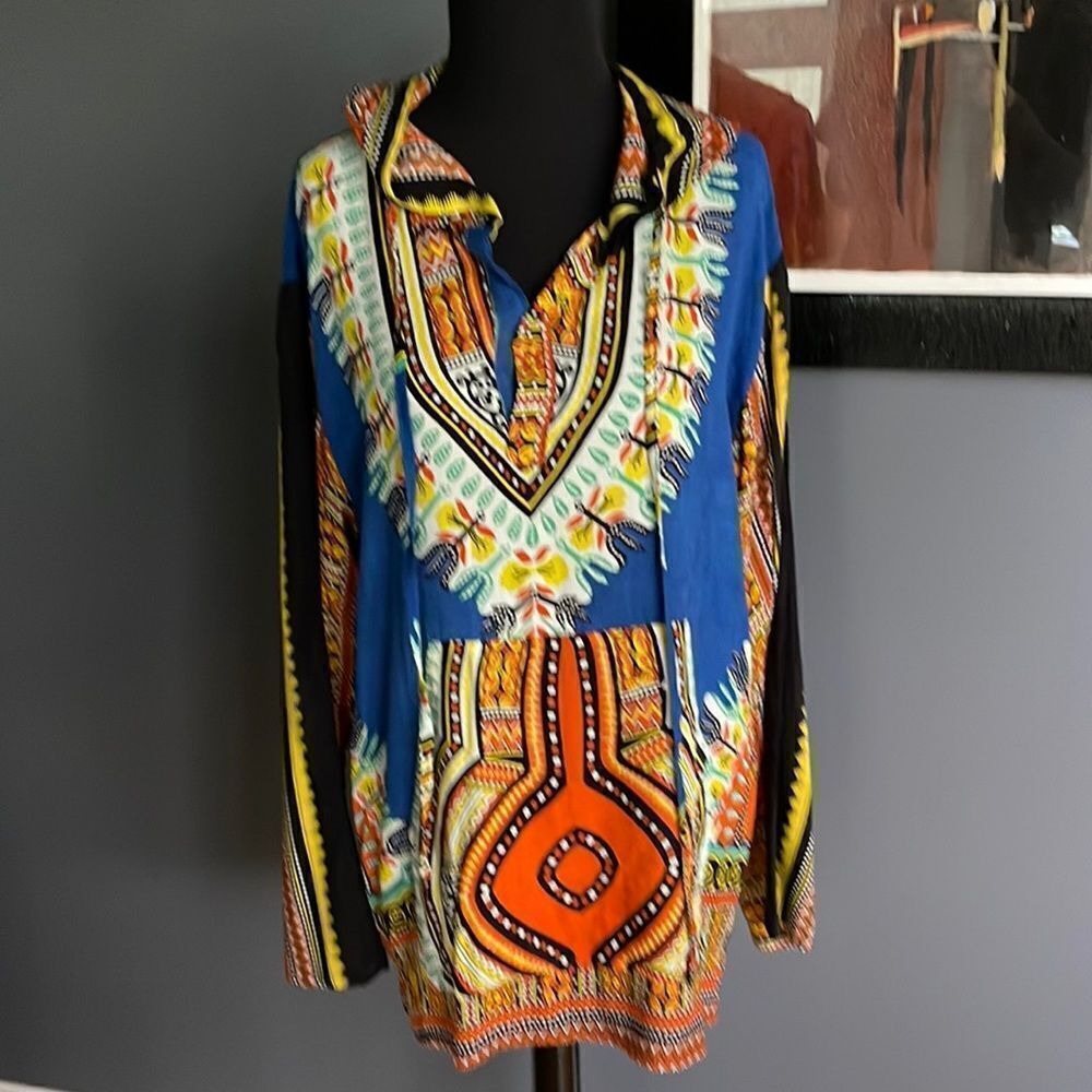 Earthbound Trading Co bright print hooded top. Made in India. 100% rayon. Small